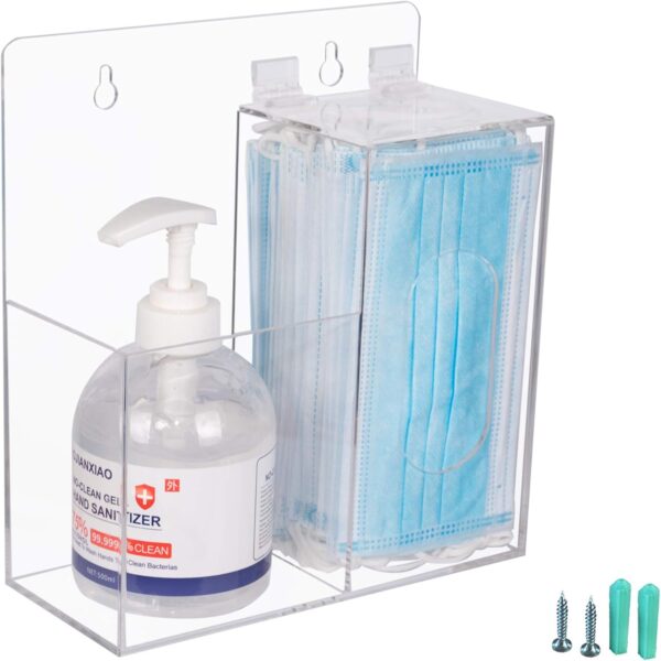 KOEMEHR Acrylic Mask Storage Box & Hand Sanitizer Gel Holder Stand Wall Mount or Countertop, Hygiene Station with 2 Compartment Transparent Box Dispenser for Masks, Gloves, Soap Dispenser - Image 4