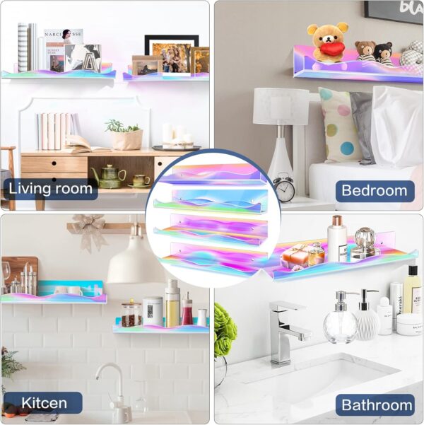 LINYAPRY 4 Packs Iridescent Acrylic Floating Shelves, 15.7 Inch Clear Acrylic Display Shelf Wall Mounted, Invisible Dolls Pop Display Shelves Wall Ledge Bookshelf for Kids Room Bathroom Dorm - Image 7