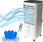 MYLEK Evaporative Air Cooler Portable Fan, 8ltr Electric Humidifier Mobile Air Purifier, Remote Control, Oscillating Louvres, Lightweight, 75W, 3 Speed Settings, Timer 8 Hour, White