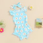 Newborn Baby Girl Clothes Floral Print Fly Sleeve Romper Ruffle Bloomer Shorts Headband Set 3Pcs Summer Outfits (B-Blue A, 6-9 Months) - Image 2