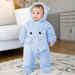 JiAmy Baby Overalls Baby Romper Flannel Winter Romper Playsuit with Feet Hoodie Cartoon Elephant Outfits Blue 0-3 Months - Image 5