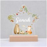 Beecreative Woodland Night Light with Childs Name, Personalised Woodland Nursery Decor Star Night Light Lamp, New Baby Newborn Christening Gifts for Boys Girls - Image 2