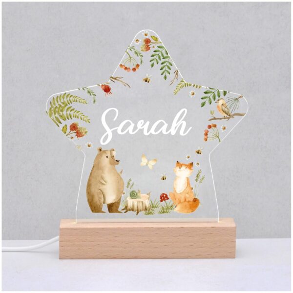 Beecreative Woodland Night Light with Childs Name, Personalised Woodland Nursery Decor Star Night Light Lamp, New Baby Newborn Christening Gifts for Boys Girls - Image 2