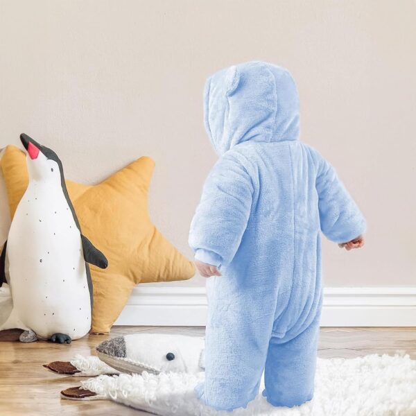 JiAmy Baby Overalls Baby Romper Flannel Winter Romper Playsuit with Feet Hoodie Cartoon Elephant Outfits Blue 0-3 Months - Image 6