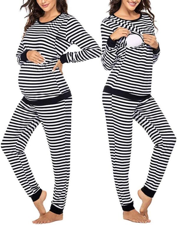 Suit Maternity Care Tops + Striped Set Trousers T-Shirt Pyjamas Women's Sleeve Long Maternity Set & Suit Women's Bathrobe Terry Cloth Without - Image 4