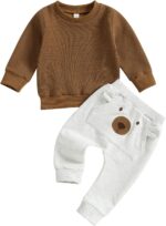 MAHUAOYIXI 2 Piece Set Toddler Boys Outfits Long Sleeve O Neck Sweatshirts Tops with Elastic Waist Cartoon Bear Sweatpants Tracksuit Set for Boys Clothes