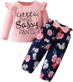 puseky Toddler Baby Girls Clothes Cute Letter Print Long Sleeve Shirt Floral Pant Tracksuit Outfits Set