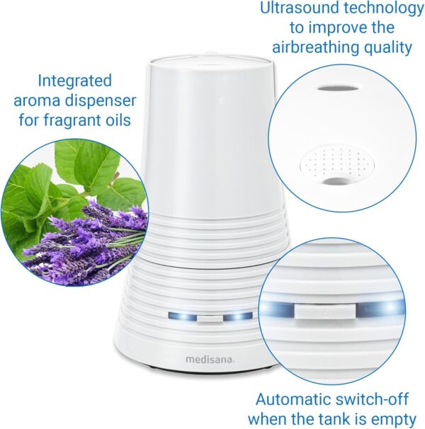 medisana AH 662 Ultrasonic Humidifier, Air Purifier Ideal for Bedroom, Living Room, Children's Room, Nebuliser with Aroma Compartment, 900 ml Water Tank, 15 Hours Runtime, White - Image 4