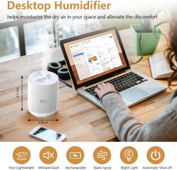 Humidifier for Bedroom Portable Personal Desktop USB Humidifiers with Soft Night Light, Waterless Auto Shut-Off for Home Baby Bedroom Office Travel (White) - Image 2