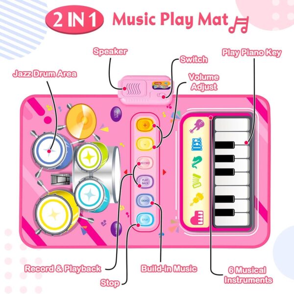 HahaGift 2 in 1 Musical Mat for 1 2 Year Old Girl Gifts, Piano Keyboard & Drum Mat with 2 Sticks for Toddlers Age 1-2, Baby Learning Toys for 1 Year Old Birthday Gifts for 1 2 3 Year Old Girls Present - Image 2