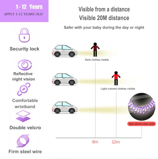 Toddler Harness Walking Leash- Child Anti Lost Wrist Link - Child Safety Harness - Upgrade with Reflective(6.5ft) - for Boys and Girls,Not Easy to Open Without Key (Purple) - Image 7