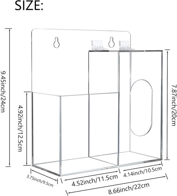 KOEMEHR Acrylic Mask Storage Box & Hand Sanitizer Gel Holder Stand Wall Mount or Countertop, Hygiene Station with 2 Compartment Transparent Box Dispenser for Masks, Gloves, Soap Dispenser - Image 2