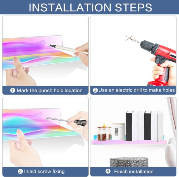 LINYAPRY 4 Packs Iridescent Acrylic Floating Shelves, 15.7 Inch Clear Acrylic Display Shelf Wall Mounted, Invisible Dolls Pop Display Shelves Wall Ledge Bookshelf for Kids Room Bathroom Dorm - Image 5