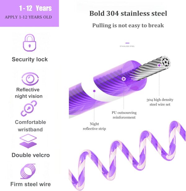 Toddler Harness Walking Leash- Child Anti Lost Wrist Link - Child Safety Harness - Upgrade with Reflective(6.5ft) - for Boys and Girls,Not Easy to Open Without Key (Purple) - Image 5