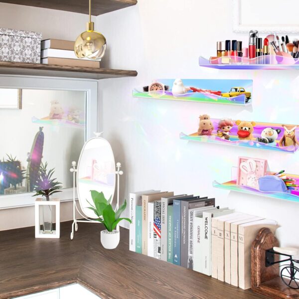LINYAPRY 4 Packs Iridescent Acrylic Floating Shelves, 15.7 Inch Clear Acrylic Display Shelf Wall Mounted, Invisible Dolls Pop Display Shelves Wall Ledge Bookshelf for Kids Room Bathroom Dorm - Image 2