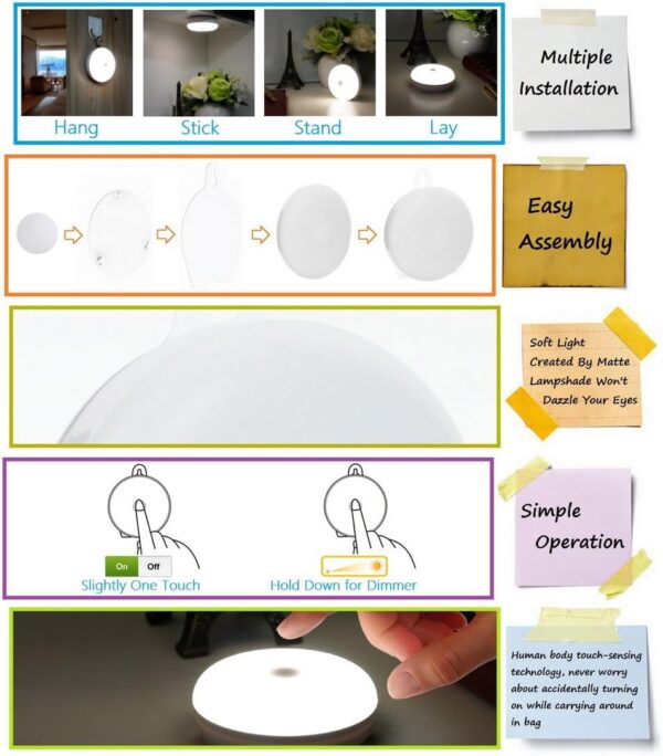 RTSU Baby Night Lights for Kids, Rechargeable Bedside Nursery Lamp for Breastfeeding, Dimmable LED Cupboard Lights Closet Lights Cabinet Light, Stick on Touch Light with Brightness Memory - Image 5