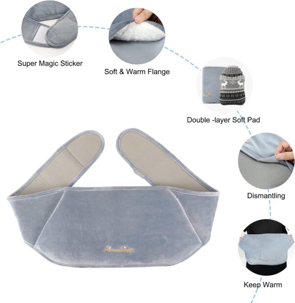 Hot Hugger Wearable Hot Water Bottle Belt, Yotako 3Pcs Wrap Around Wearable Hot Water Bottle with Fluffy Waist Cover, Hot Water Pouch for Back Period Pain Warm Hand Hot Water Bag for Kids Adult - Grey - Image 4