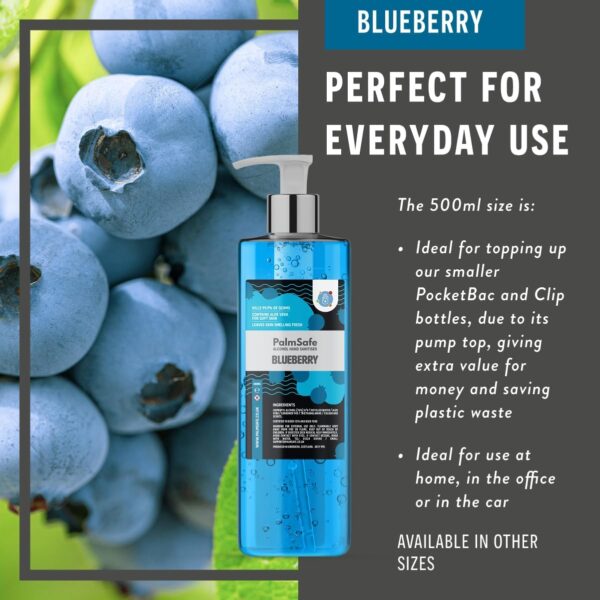 Palm Safe Blueberry Alcohol Hand Sanitiser 500 ml Pump Bottle - Image 3