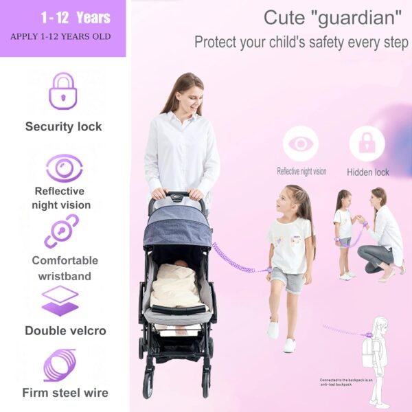 Toddler Harness Walking Leash- Child Anti Lost Wrist Link - Child Safety Harness - Upgrade with Reflective(6.5ft) - for Boys and Girls,Not Easy to Open Without Key (Purple) - Image 9
