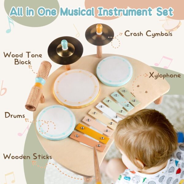 Kids Drum Set, All-in-One Montessori Musical Instruments for Toddlers 1-3, Wooden Musical Toys for Baby 12-18 Months, Preschool Educational Xylophone Drum Kit, Birthday Gift for Boys Girls - Image 5