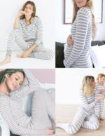 Ekouaer Maternity & Nursing Pajamas Set Striped Knit Long Johns Set Top & Bottom Base Layer for Pregnant Women, S-XXL - Image 5