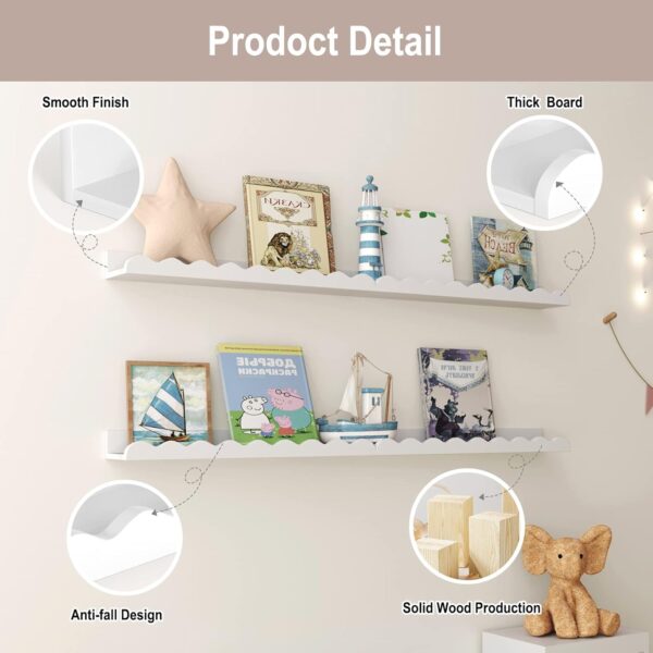 Kids' Bookshelf Set of 4 - White Floating Nursery Book Shelves, Picture Ledge Shelf for Wall Decor and Storage - Perfect for Books, Toys, Photo Frames, and Nursery Décor - Image 6