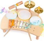 Kids Drum Set, All-in-One Montessori Musical Instruments for Toddlers 1-3, Wooden Musical Toys for Baby 12-18 Months, Preschool Educational Xylophone Drum Kit, Birthday Gift for Boys Girls