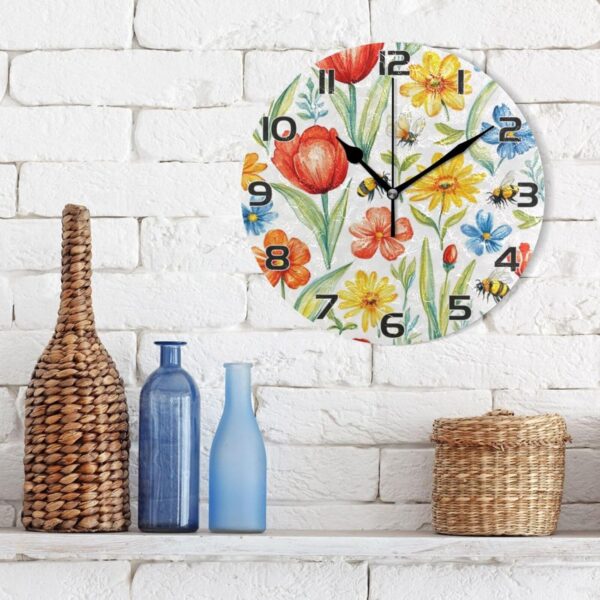 Ewusp Red Yellow Flower Wall Clock Battery Operated Silent Non-Ticking Clock Round Quartz Decorative Clock for Kitchen Living Room Bedroom Office School Nursery, 25x25 cm - Image 3