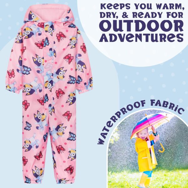 Bluey Puddle Suit for Girls Waterproof Overalls All in One Rainsuit Kids with Hood Fleece Lined Outdoor Lightweight Rainwear for Outdoor Play Travel - Image 3