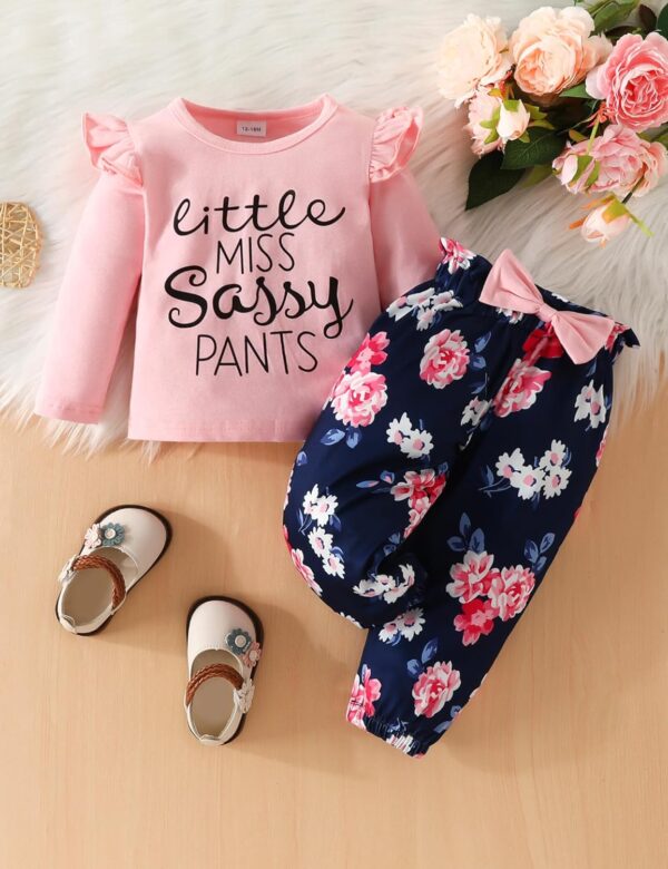 puseky Toddler Baby Girls Clothes Cute Letter Print Long Sleeve Shirt Floral Pant Tracksuit Outfits Set - Image 2