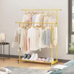 Calmootey Double Rod Clothing Garment Rack,Rolling Hanging Clothes Rack,Portable Clothes Organizer for Bedroom,Living Room,Clothing Store,Gold - Image 6