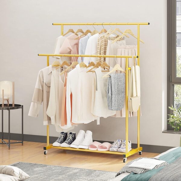 Calmootey Double Rod Clothing Garment Rack,Rolling Hanging Clothes Rack,Portable Clothes Organizer for Bedroom,Living Room,Clothing Store,Gold - Image 6
