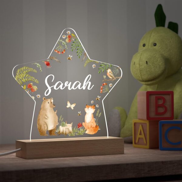 Beecreative Woodland Night Light with Childs Name, Personalised Woodland Nursery Decor Star Night Light Lamp, New Baby Newborn Christening Gifts for Boys Girls - Image 3