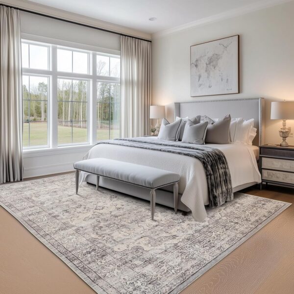 Topfinel Fluffy Rugs for Bedroom, Classic Oriental Design Boho Natural Grey Rugs 200x290 with Faux Wool Short Pile for Children Girls Boys - Image 3