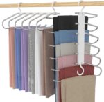 Trouser Hangers, 6 Tier Multi-Functional Rack Space Saving for Hanging Pants, Jeans, Scarf, Trouser, Clothes, No Slip Folding Hangers Closet Organizer for Men and Women, Silver, 2 Pack