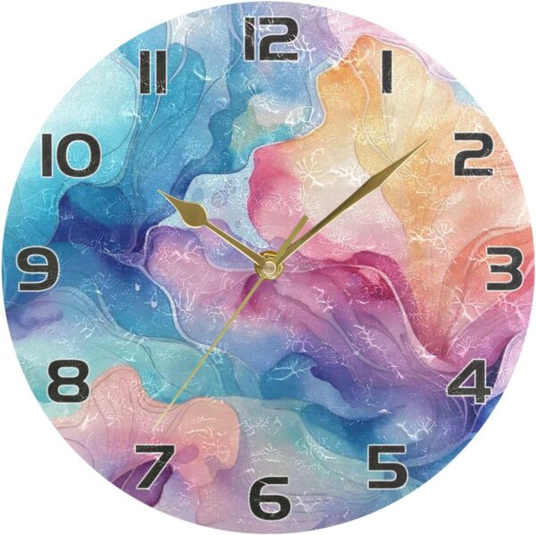 Ewusp Colorful Marble Wall Clock Battery Operated Silent Non-Ticking Clock Round Quartz Decorative Clock for Kitchen Living Room Bedroom Office School Nursery, 25x25 cm - Image 5