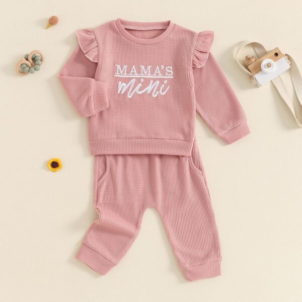 MAHUAOYIXI Toddler Infant Baby Girl Fall Winter Clothes 2Pcs Set Long Sleeve Sweatshirt Pullover Tops Jumper Letter Embroidered Ruffled + Elastic Waist Pants Trousers Outfit Tracksuit - Image 3