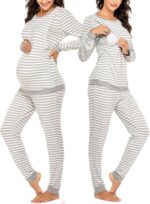 Ekouaer Maternity & Nursing Pajamas Set Striped Knit Long Johns Set Top & Bottom Base Layer for Pregnant Women, S-XXL