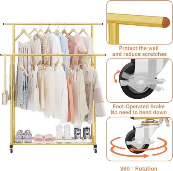 Calmootey Double Rod Clothing Garment Rack,Rolling Hanging Clothes Rack,Portable Clothes Organizer for Bedroom,Living Room,Clothing Store,Gold - Image 8