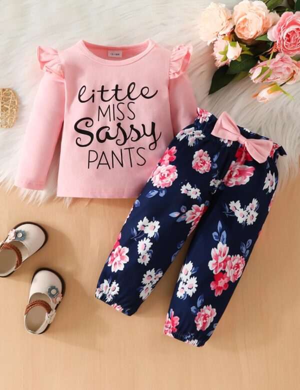 puseky Toddler Baby Girls Clothes Cute Letter Print Long Sleeve Shirt Floral Pant Tracksuit Outfits Set - Image 3