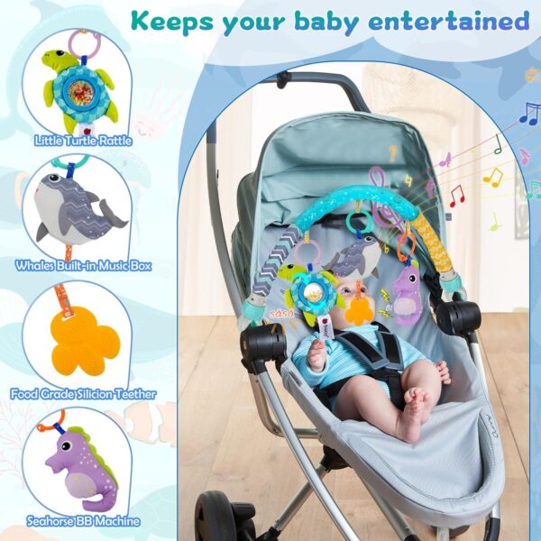 Bestcool Pram Toys for Babies, Clip on Activity Pram Arch Pushchair Toys with 3 Sensory Hanging Animals Rattle Music Squeak Crib Mobile Toys Baby Stroller Toy for Newborn Boys Girls Gift (Whale) - Image 2