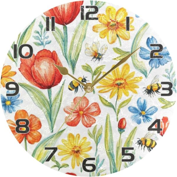 Ewusp Red Yellow Flower Wall Clock Battery Operated Silent Non-Ticking Clock Round Quartz Decorative Clock for Kitchen Living Room Bedroom Office School Nursery, 25x25 cm - Image 5