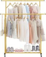 Calmootey Double Rod Clothing Garment Rack,Rolling Hanging Clothes Rack,Portable Clothes Organizer for Bedroom,Living Room,Clothing Store,Gold - Image 2
