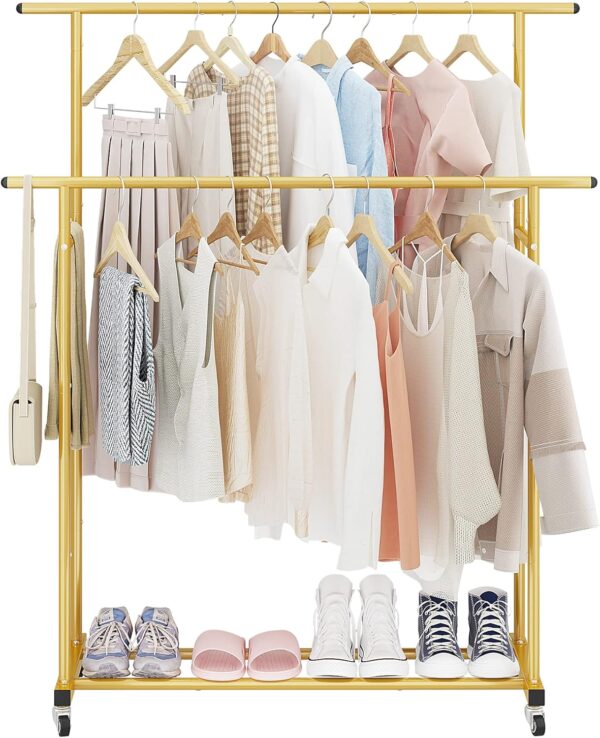 Calmootey Double Rod Clothing Garment Rack,Rolling Hanging Clothes Rack,Portable Clothes Organizer for Bedroom,Living Room,Clothing Store,Gold - Image 2