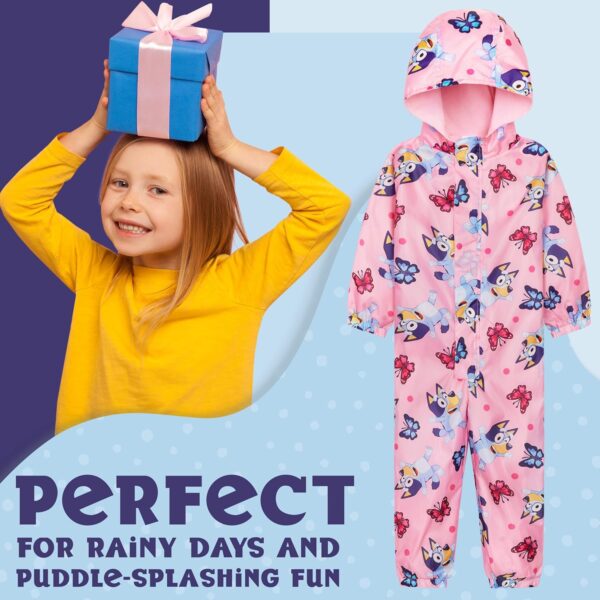 Bluey Puddle Suit for Girls Waterproof Overalls All in One Rainsuit Kids with Hood Fleece Lined Outdoor Lightweight Rainwear for Outdoor Play Travel - Image 2