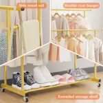 Calmootey Double Rod Clothing Garment Rack,Rolling Hanging Clothes Rack,Portable Clothes Organizer for Bedroom,Living Room,Clothing Store,Gold - Image 7