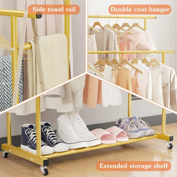 Calmootey Double Rod Clothing Garment Rack,Rolling Hanging Clothes Rack,Portable Clothes Organizer for Bedroom,Living Room,Clothing Store,Gold - Image 7