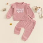 MAHUAOYIXI Toddler Infant Baby Girl Fall Winter Clothes 2Pcs Set Long Sleeve Sweatshirt Pullover Tops Jumper Letter Embroidered Ruffled + Elastic Waist Pants Trousers Outfit Tracksuit - Image 2