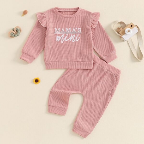 MAHUAOYIXI Toddler Infant Baby Girl Fall Winter Clothes 2Pcs Set Long Sleeve Sweatshirt Pullover Tops Jumper Letter Embroidered Ruffled + Elastic Waist Pants Trousers Outfit Tracksuit - Image 2