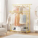Calmootey Double Rod Clothing Garment Rack,Rolling Hanging Clothes Rack,Portable Clothes Organizer for Bedroom,Living Room,Clothing Store,Gold - Image 5